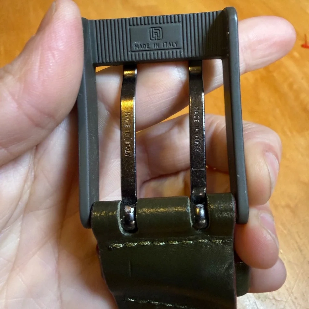 Abaco Paris Forest Green Burgundy Leather Double Prong Belt Made in France 30/75